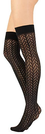CALZITALY Parigine In Cotone, Maxi-Calze Motivo Traforato Geometrico, Calze Chevron O Costine Donna, Nero, Grigio, Blu, Beige | Made In Italy (Taglia Unica, Chevron - Nero)