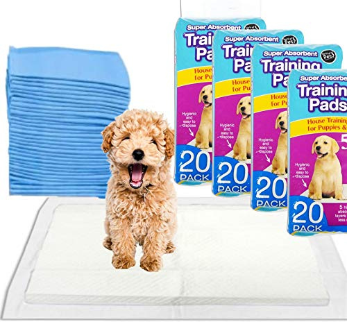 Puppy training pads super absorbent perfect to help new dogs and ageing ones with toilet training. Great value pack of 100 pads in packs of 20. Size of each pad 60x45cm.