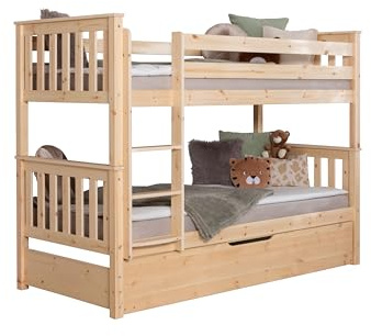 TiCAA Etagenbett, Kinderbett, Stockbett Funktionsbett für Kinder mit Treppe & Schubkasten mit Ausziehfunktion teilbar in Zwei Einzelbetten aus Kiefer Natur Massivholz Bettgestell 90 x 200