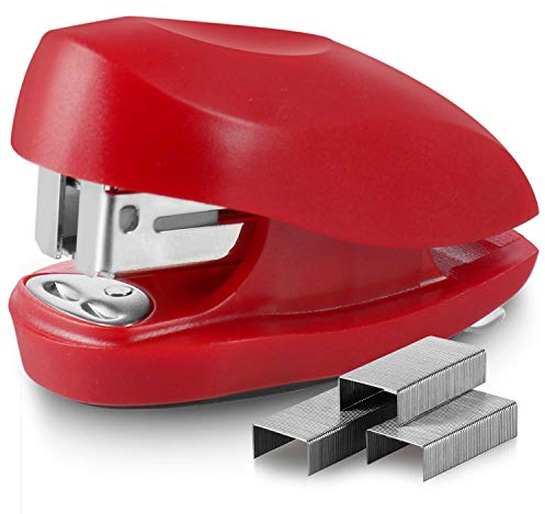 Swingline Roter MiniHefter mit Heftklammern, Tot, 12 Blatt Kapazität, kleiner Hefter mit eingebautem Klammerentferner und 1000 StandardHeftklammern, KlammerAufbewahrung, niedliches, kompaktes