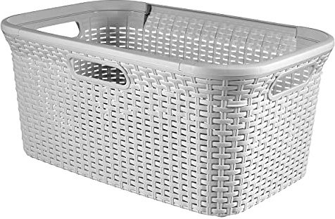 Curver Style Laundry Basket, Rattan Effect Design, Four Comfortable Handles, 45 Litres, Grey