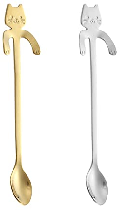 LEEQBCR 2 pezzi cucchiaio da caffè per gatti cucchiaino da caffè per gatti cucchiaino da dessert in acciaio inossidabile gatto appeso design tè latte caffè dessert bevanda milkshake (oro, argento)