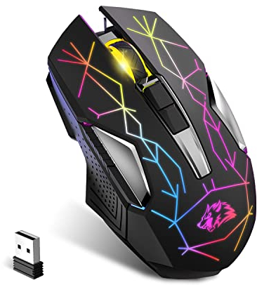 KUIYN X18 Kabellose Gaming-Maus 2,4 G, wiederaufladbar, 600 mAh Lange Lebensdauer, 7 RGB-Lichter, 2400 DPI, intelligente Energieeinsparung, leises Klicken, USB-Empfänger, optisch, für PC/Mac/PS4/XBOX