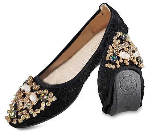 MACHSWON Women Ballet Flats Rhinestone Outdoor Wedding Ballerina Shoes Foldable Sparkly Comfort Slip on Flat Walking Shoes for Ladies(Black Fox Head, Size 7)