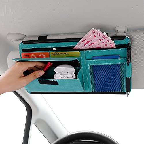 Qirc Auto-Sonnenblenden-Organizer, Brillenetui, Aufbewahrungstasche, Notizhalter, Auto, Wildleder, Reißverschluss, Kartenhalter, Auto-Organizer und Aufbewahrung, Fahrzeug-Innenzubehör (blau)