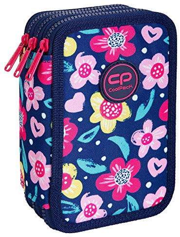 COOLPACK XXL Federtasche, Federmäppchen für Mädchen, Federmappe Federmäppchen groß 44-teilig mit Aufnäher gefüllte Schüleretui 3-stöckig Motiv: Blumen, Margaret, (E67599)