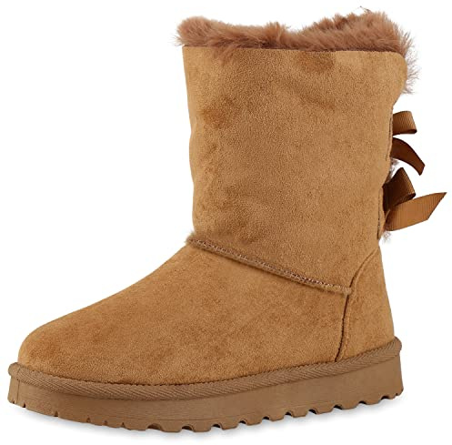 VAN HILL Damen Stiefeletten Winter Boots Warm Gefüttert Kunstfell Schleifen