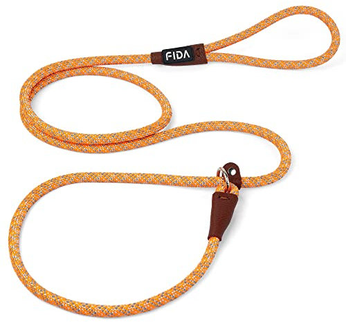Fida Slip Rope Dog Lead | 1.8m, One-Size-Fits-All, Slip-On Rope Leash. Weather Resistant with Reflective Stitching (Orange)