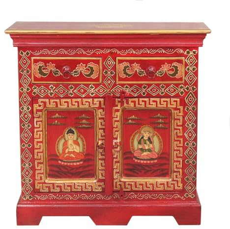 Oriental Galerie Indisches Sideboard Jinpa 76 cm lang, mit Buddha Motiv verziert, in Rot Wandschrank Holzschrank Schrank Kommode Holz Yoga Tibet