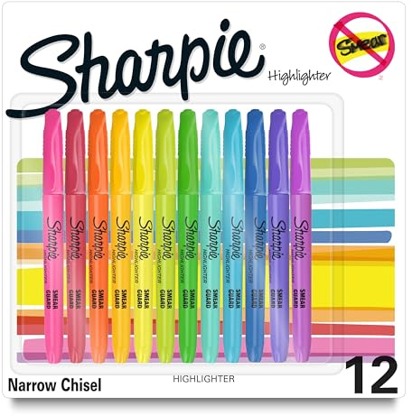 Sharpie Pocket Highlighters, Chisel Tip, Quick Dry, Assorted Fluorescent Colors, 12 Count - For Studying, Note-Taking, School, College, Office, Student & Teacher Supplies