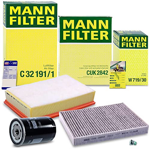 MANN-FILTER Inspektionspaket Filterset 1x Ölfilter, 1x Luftfilter, 1x Innenraumfilter (Aktivkohlefilter), 1x Ölablassschraube, 1x Ölwechselanhänger Kompatibel mit VW MULTIVAN T5, TRANSPORTER T5