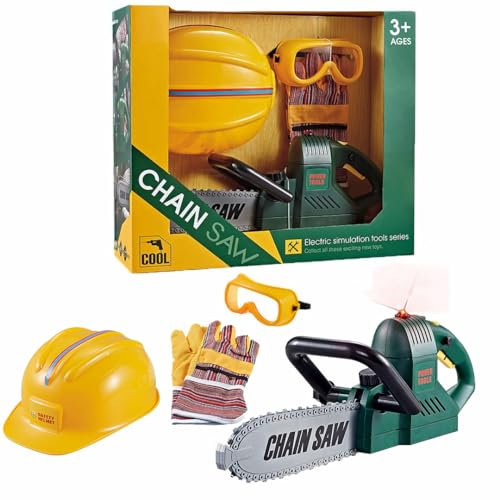 COO11 4pcs Kids Chainsaw Set with Light and Sound Boys Pretend Set of Chain Saw, Protection Glass Safety Helmet and Glove Tool Set Toys Gift for Boys and Girls 3+ Years