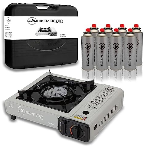 HikeMeister® Réchaud de camping, réchaud à gaz pour l'extérieur, bouteille de gaz, mallette de transport (gris + 8 cartouches de gaz)