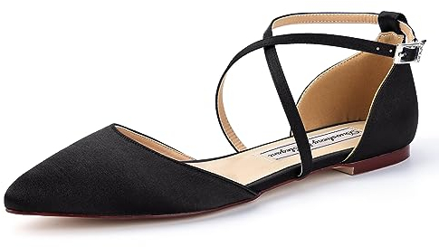 Duosheng & Elegant FC2322 Flach Sandalen Satin Schuhe für Hochzeit Braut Partei Abendschuhe Geschlossene Zehen Hochzeitsschuhe Brautschuhe Schwarz Gr. 40
