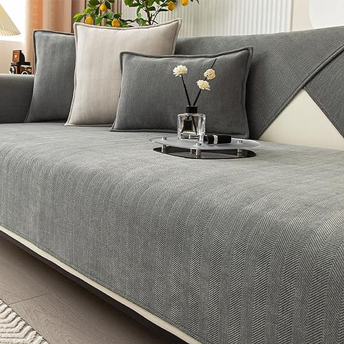 Peticehi Funny Fuzzy Sofa-Cover, Herringbone Chenille, Stoff, gemütlich, einfarbig, rutschfest, grau, 70 x 150 cm