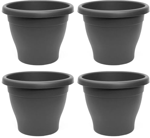 Tradineur Lot de 4 pots de fleurs ronds en plastique pour plantes et fleurs méditerranéennes avec trous inférieurs - Pot de fleurs extérieur et intérieur - Gris - 50 cm
