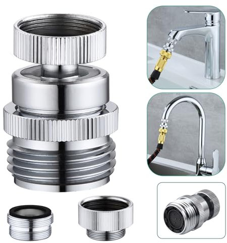 SNUTUYA Adaptador de grifo a manguera de jardín, adaptador de manguera de jardín de latón de 3/4 pulgadas con aireador, giratorio de 360 grados para cocina y baño, cromado