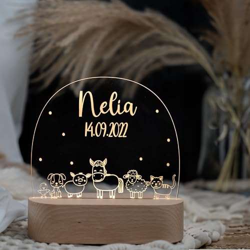 Kidsmood - Nachtlicht Baby - Personalisiertes Nachttischlampe mit Name & LED Stillicht Kinderzimmer, dimmbar - Geschenk zur Geburt, Taufe & Geburtstag für Mädchen & Jungen [Bauernhof Freunde]