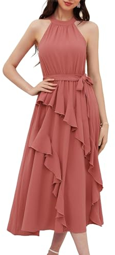 GRACE KARIN Robe Mi-Longue Trapèze sans Manches Robe A-Line Portefeuille Robe Unie Décontractée avec Fente au Bas XL Rose