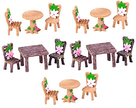 Unomor 10 Sätze Tisch und Stühle aus Simulationsholz Fairy Zen Gartenstuhl Miniatur gartenmöbel Dekoration Schlafzimmer Bedroom Decor Feenfiguren Heimdekorationen Harzdekor Harzverzierung