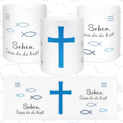 RUNEAY Windlichter Kommunion Deko Tisch, 16 Stück Windlichter Tischdeko Konfirmation, Windlicht Fisch Kommunion Deko für Teelichter, Kerzen, Windlicht Taufe Deko für Draußen Drinnen (Blau)