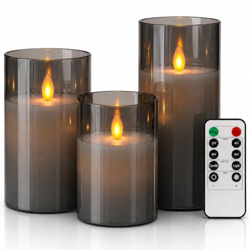 GTTFAE Glass Grey Real Wax LED Candles Flickering with Remote & Timer - Fake Candles Flickering Light, Battery Candles Set of 3, Festival, Wedding, Home Decor, Room Decor