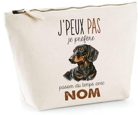 Trousse Personnalisable Chien Passer du temps avec Prénom Nom | Pochette Maquillage Toilette Make-Up - Idée Cadeau Personnalisé Original pour propriétaire de chien (Teckel)