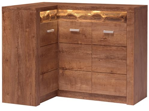 Eckkommode Sideboard Eckschrank Kommode Wohnzimmerschrank Anrichte Aufbewahrunsschrank modern in braun mit LED Beleuchtung