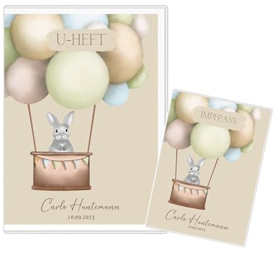 U-Heft- und Impfpass Hüllen Set personalisiert, Untersuchungsheft mit Name und Geburtsdatum, viele Tiermotive, Geschenk zur Geburt, Taufe, Schutz UHeft und Impfpass (Hase)
