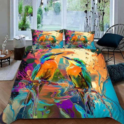 Ruiqieor Bettwäsche 155x220cm,Buntes Bettwäsche-Set mit Vogelmotiv,Superweiche Bequeme Mikrofaser Bettbezug + 2 Kopfkissenbezug 80x80cm（#7）
