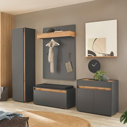 Flur Garderoben Set in anthrazit mit Eiche, 5-teilig, Garderobenpaneel, Schuhbank, Garderobenschrank, Spiegel, Kommode, modern