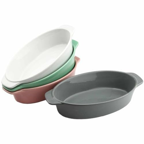 Oval Ceramic Baking Dish Set Of 4 with Handles Oven To Table Ideal for Lasagne/Pie/Casserole/Tapas (5x 12x 22cm/8.5inch) WhiteGrayGreePink