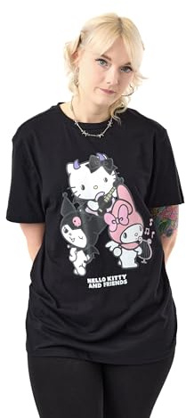 Hello Kitty & Friends Damen Schwarzes Kurzarm-T-Shirt | Rock Life Grafik-T-Shirt | Sanrio-Charakterbekleidung | Top im Retro-Stil für Damen und Mädchen