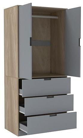 URBNLIVING 2 Door 3 Drawer Black White Oak Grey Modern Wardrobe Furniture with Clothes Hanging Rail Storage Shelf for Home Bedroom Organiser Unit H180cm x W80cm x D50cm