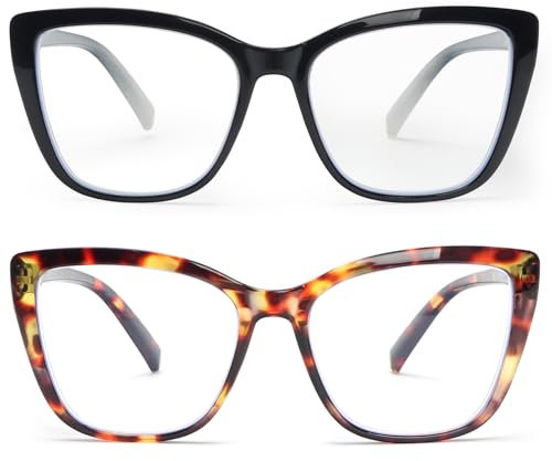 KoKoBin 2 Pack Oversize Occhiali da lettura da donna Moda Anti luce blu Occhiali per computer (2 Pack（Nero, leopardo marrone）, 2, Diottria)