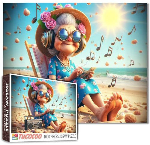 1000 Piece Jigsaw Puzzle for Adults Funny Grandma Listening to Music on Beach Puzzles Retro Radio Unique Whimsical Art Puzzle Relaxing Activity Challenge Fun Gift for Women Seniors Family Brain Game