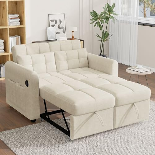 NNJN Modernes Design: Loveseat-Sofa, 3-in-1-Ausziehsofa mit Verstellbarer Rückenlehne, USB, Armlehnentaschen und Kissen. Geeignet für Wohnzimmer, Schlafzimmer, Wohnung usw. (Beige)