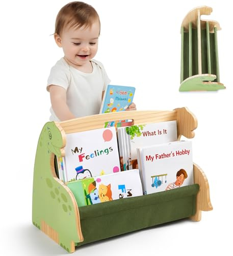 MHJY Bücherregal Kinder, doppelseitiges Holzregal mit robusten Canvas-Taschen, Montessori Stil, tragbar mit Griff, Kinderbuchregal für Kinderzimmer, Spielzimmer & Kindergarten, leicht & langlebig