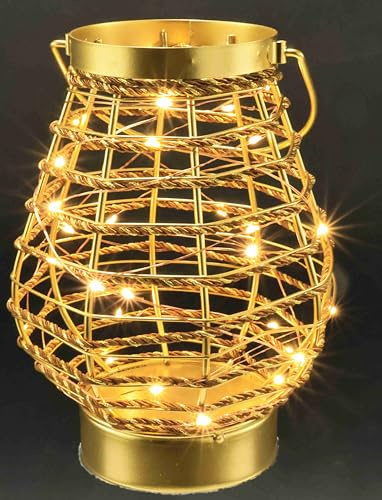 Leuchtfigur Windlicht-Laterne aus Metall & Kordel auf Sockel | 20cm | LED warmweiß | Gold | Batteriebetrieb 3xAAA | Mit Timer | Weihnachtsdeko Lampe Tischdeko Dekofigur | Geschenkidee