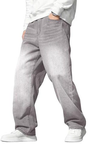 JMIERR Mens Jeans Baggy Y2K 2026 Streetwear Wide Leg Stretch Denim Pants Loose Fit Vintage Baggy Pants Trousers with Five Pockets Fall Clothes, L, Light Grey
