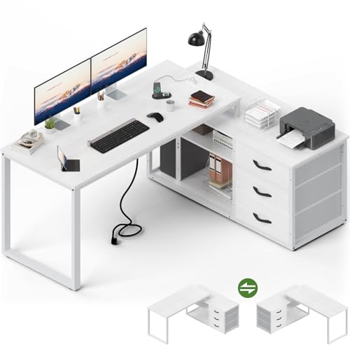 JUMMICO Corner Desk with 3 Drawers, Reversible L Shaped Computer Desk 140x105cm with Extra Storage Space,Office Desks with Power Outlet,Adjustable partition height,White
