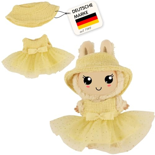 Heless Monster Styles 7513 - Bouclé Puppen-Kleid mit Fischerhut in Gelb, mit Tüll, Glitzer und Schleife, Kawaii Set für Monster der Größe 15 cm