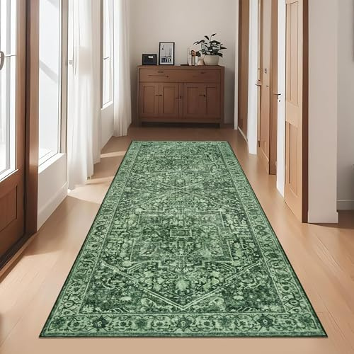 Cekene Boho Teppich Läufer Flur Grün 80x200cm rutschfest Küchenteppich Waschbar Lang Flur Teppich für Küche Eingang Schlafzimmer Wohnzimmer