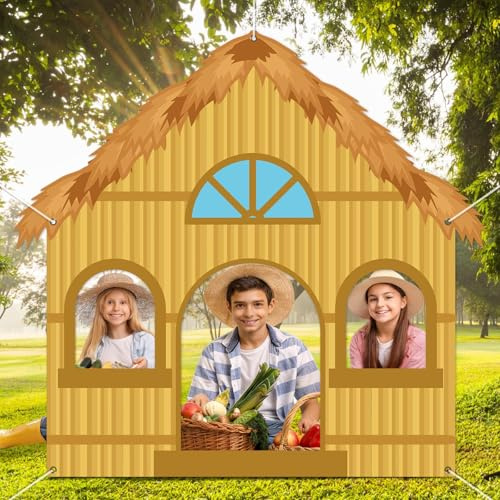 Large Straw House Shaped Photo Prop Straw House Selfie Frame Thatched Hut Backdrop Banner Sign Little Pigs Party Photo Booth Props for Christmas Nativity Western Cowboys Party Supplies 66 x 63 Inch