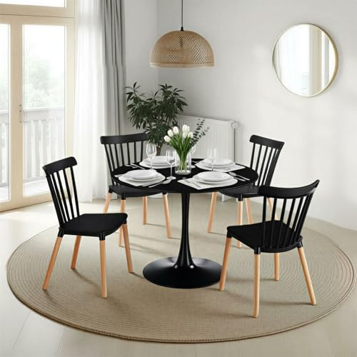 IDIMEX Essgruppe Loire/RAVI mit rundem Tisch und 4 Stühlen, Schwarz - Esstisch 100 cm mit 4 Stühlen, platzsparende Esszimmermöbel im modernen Landhaus-Stil, ideal für kleine Küche