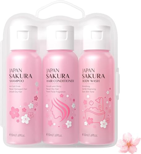 Sakura Reisegröße Set Pflege, 3-teilig mit Shampoo, Conditioner & Duschgel, Feuchtigkeitsspendendes Haar- & Körperpflege Set für Reise, Urlaub & Fitnessstudio – Mit frischem Sakura-Duft