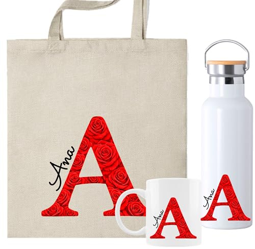 Set Personalizado con Inicial y Nombre, Bolsa de Tela + Taza 350ml con Diseño Floral de Rosas Rojas, Opción Botella Térmica, Regalo San Valentín (Pack Rosas Rojas)