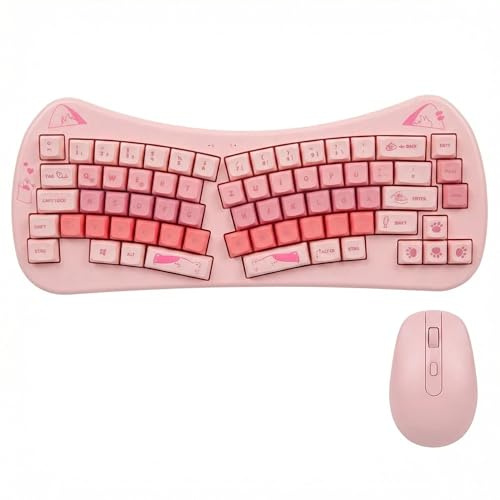 Rii Ergonomische Tastatur und Maus Rosa, Katzenohren-Design, QWERTZ, Kabellos 2,4GHz, Kompaktes Schreibgerät für Laptop PC Computer, für Home Office, Kinder, Jugendliche, Mädchen Geschenk
