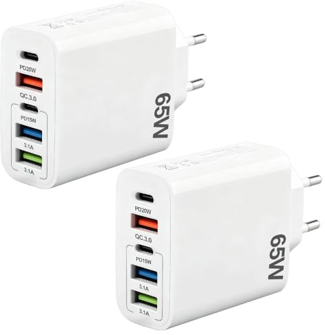Pack 2 Cargador Múltiple USB C 65W Carga Rápida, 5 Puertos con PD QC 3.0 | 2 USB-C PD 20W/15W y 3 USB-A QC 3.0, carga simultánea, compacto para casa, oficina y viaje, compatible con iPhone y Samsung