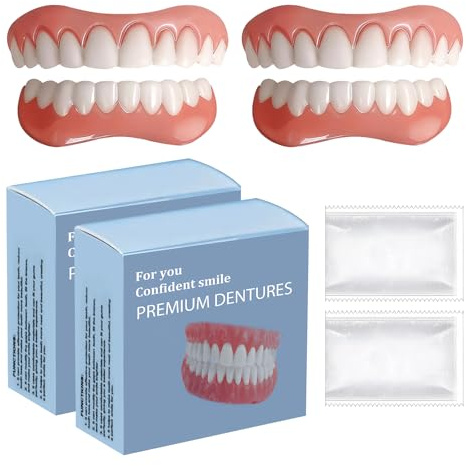 2 Pcs False Teeth Set Full Dentures with Reline,Soft & Adjustable Silicone Teeth Dentures Top and Bottom,Natural-Looking Comfortable Fit
